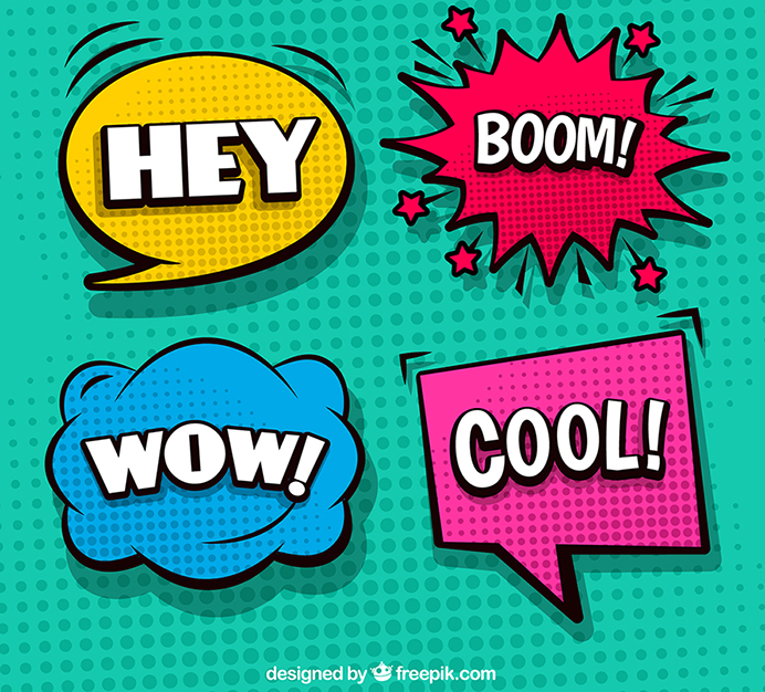 Colorful speech bubbles - hey, boom, wow, cool